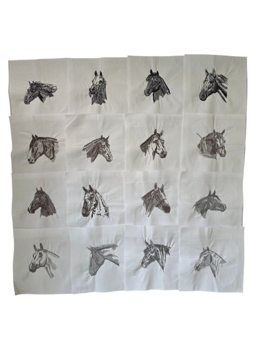 Lot of 16 Machine Embroidered Horses Horse Head Quilt Blocks